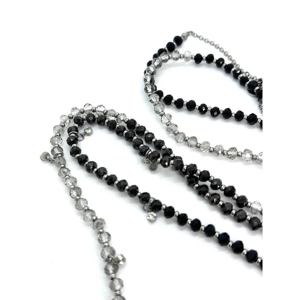 Vera Wang Necklace Black Grey Beaded Silver Tone Rhinestone Long Opera Length